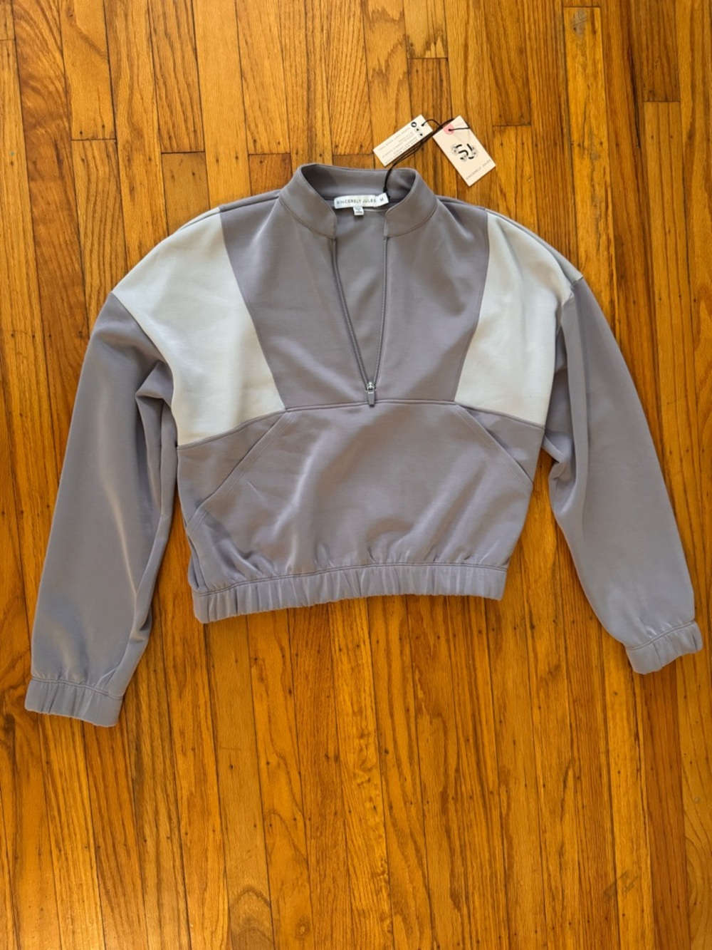 Sincerly Jules Two-Tone Gray and Purple Cropped Quarter-Zip Pullover